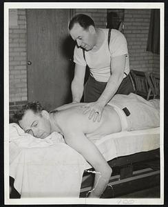 Ryba and Rubber, or maybe Win Green, doubling as hockey and baseball trainer, is busy telling Mike Ryba, Red Sox pitcher, what the Boston Bruins will do to Les Canadiens in the play-off game at the Boston Garden tomorrow night. And this is the only way he can make Mike stay right there and listen.