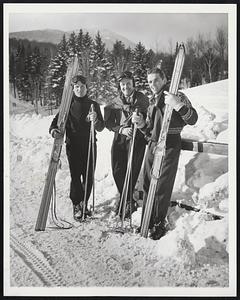 Champ Prepares For Ski Race - Othmar Schneider (left), world's ski champion from Austria, after a fast run down Mount Mansfield, Stowe, Vt., with Sepp Ruschp (center) and Karl Fahrner, a Mansfield ski instructor. Schneider is favored to win the Vic Constant Memorial downhill, slalom and combined races this week-end at Mansfield. Ruschp is general manager and newly-named president of the Mount Mansfield ski resort and Fahrer is a former European champion skier.