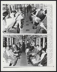 On a normal weekday morning in New York City's subways, workers riding to their jobs read their morning newspapers as shown above. On 9/17, the subway riders were without their newspapers as a strike against the New York Times and a retaliatory shutdown by other publishers halted production of seven of the city's eight major newspapers.
