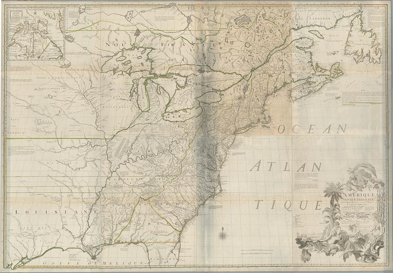 Amerique Septentrionale avec les routes, distances en miles, villages et etablissements françois et anglois