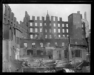 Ruins after fire, Fall River, Fall River City Hall in background