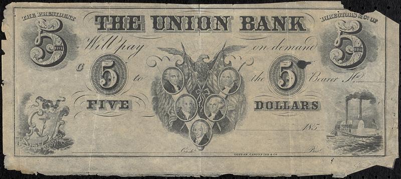Bank Note, the Union Bank, for $5 - Digital Commonwealth