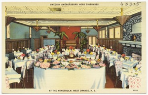 Swedish smorgasbord hors d'oeuvres at the Kingsholm, West Orange, N. J.