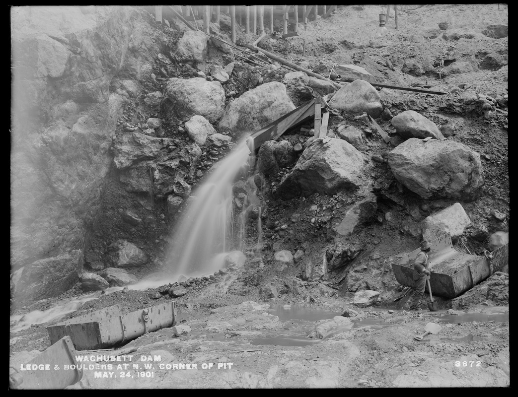Wachusett Dam, northwest corner of excavation pit, showing ledge and boulders, Clinton, Mass., May 24, 1901