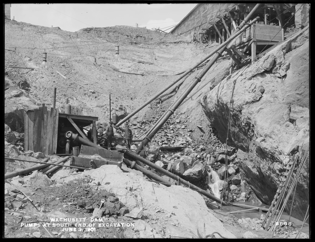 Wachusett Dam, pumps at the southerly end of the excavation, Clinton, Mass., Jun. 3, 1901