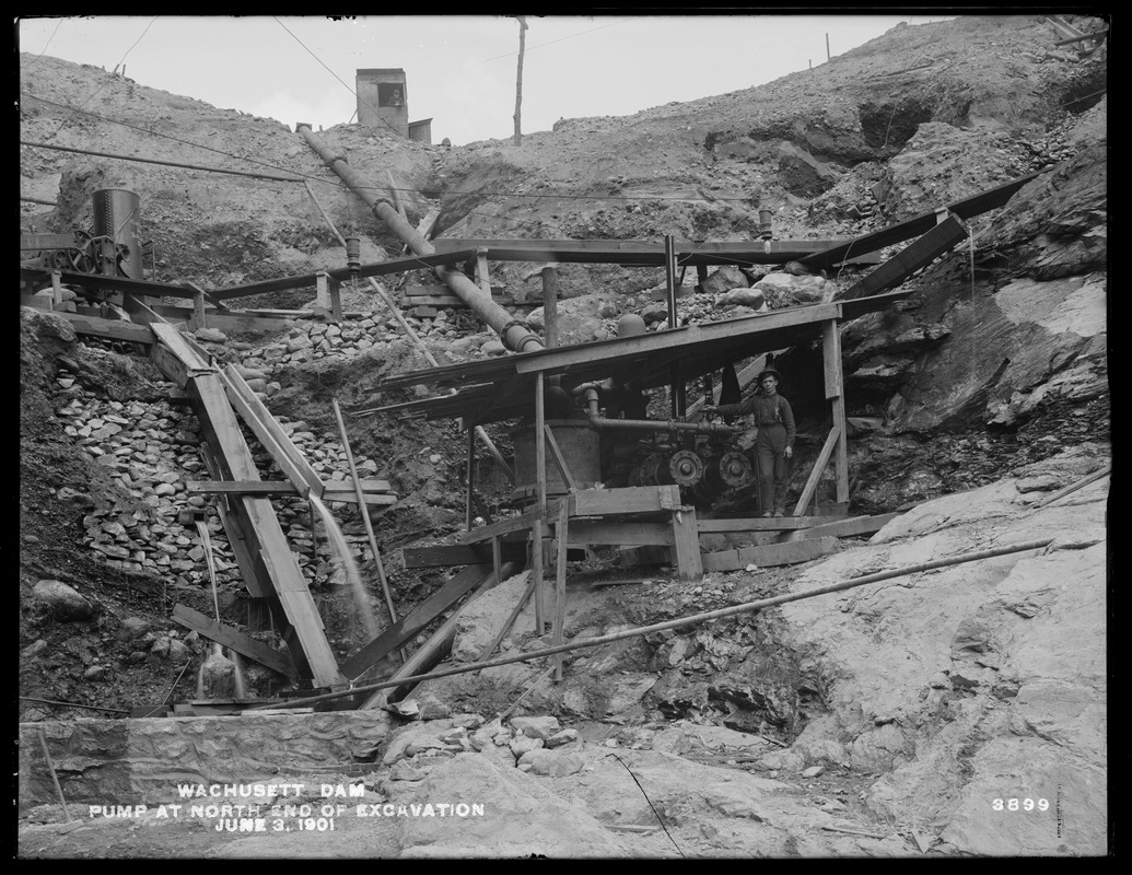 Wachusett Dam, pumps at the northerly end of the excavation, Clinton, Mass., Jun. 3, 1901