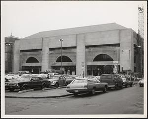 Construction of Boylston Building, Boston Public Library, view from parking lot at corner of Boylston Street and Exeter Street