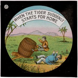 Tiger running under a barrel knocking two men over