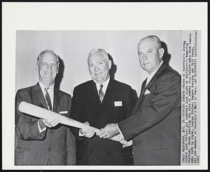 Hitting Greats--Three of baseball's living former .400 hitters got together last night at Baltimore's Memorial Stadium. Shown handling the kind of lumber that helped make them famous are, left to right, George Sisler, Rogers Hornsby and Bill Terry. All are members of Baseball's Hall of Fame.