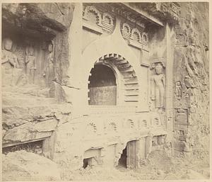 View from the left of facade of Buddhist chaitya hall, Cave IX, Ajanta
