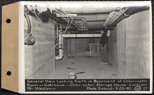 Contract No. 96, Chlorine Storage House and Equipment and Chlorinating Equipment for Gate House at Norumbega Reservoir, Weston, general view looking south in basement of chlorinator room in gatehouse, chlorinator storage house, Weston, Mass., Sep. 26, 1940