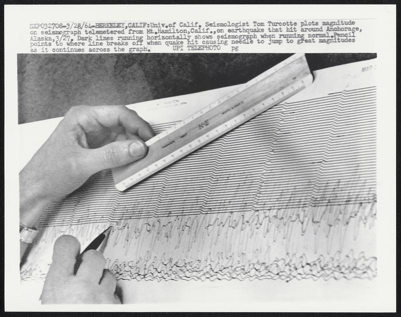 Univ. of Calif. Seismologist Tom Turcotte plots magnitude on seismograph telemetered from Mt. Hamilton, Calif., on earthquake that hit around Anchorage, Alaska, 3/27. Dark lines running horizontally shown seismograph when running normal. Pencil points to where line breaks off when quake hit causing needle to jump to great magnitudes as it continues across the graph.