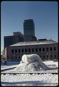 Frozen fountain, Copley Square, Boston Public Library and Prudential Center in the background