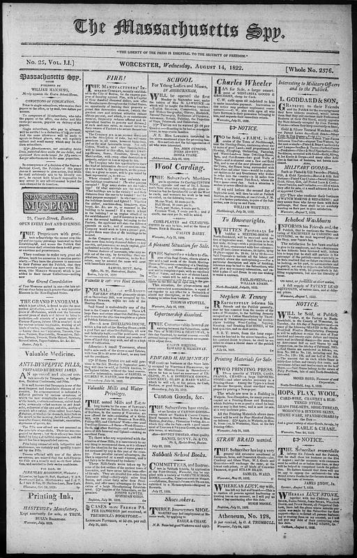 The Massachusetts Spy. August 14, 1822 - Digital Commonwealth