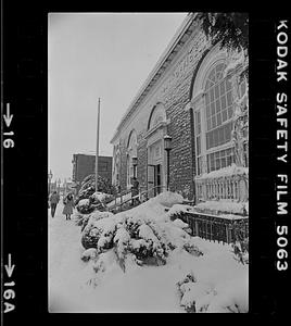 Front of building after snowfall