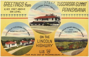 Greetings from Tuscarora Summit Pennsylvania, 2,123 feet above sea level, on the Lincoln Highway U.S. 30, four miles east of McConnellsburg, PA.