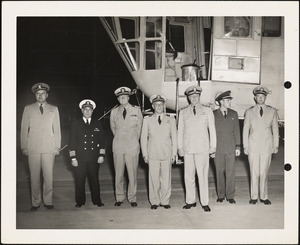 Vice Adm. A. Andrews USN on official visit to NAS South Weymouth-Capt. VD Herbster, USN (ret) Sub-Commander Northern Group second from left in blue uniform