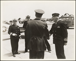 Rear Admiral Felix Gygax, Commodore Dixie Kiefer and Party arriving at Otis Field