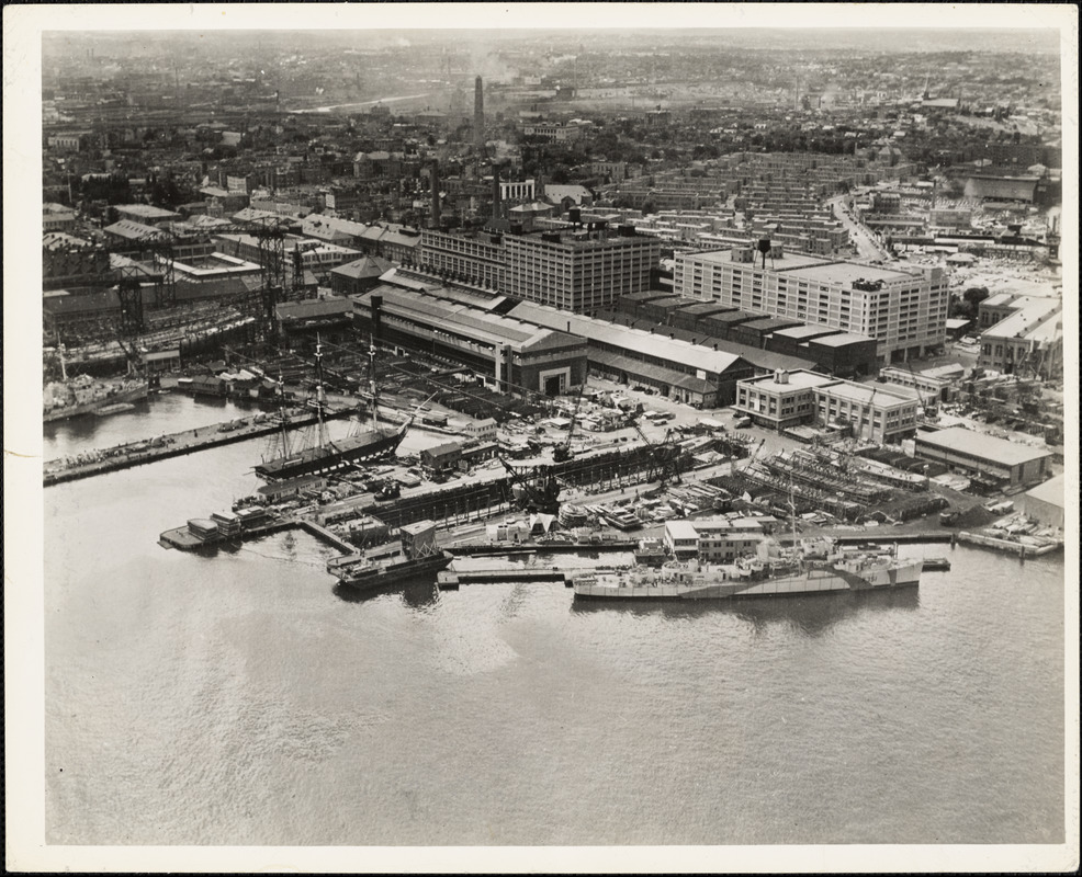 Aerial view Dry Dock #5 USS CONSTITUTION at pier Shipways #1 Degaussing Station
