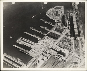 Aerial view of US Naval Dry Dock, South Boston showing development of facilities.  HMS QUEEN MARY in Dry Dock #3
