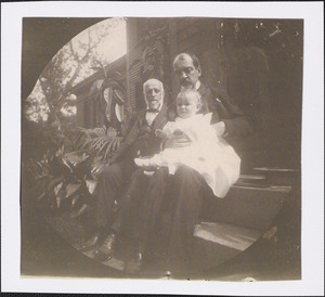 Henry C. Thacher (d. 1901) on left with son Thomas and Thomas's daughter (possibly) on front steps of the Thacher homestead