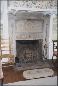 Parlor fireplace with mosaic tile, set in stucco, 95 Old King's Highway, Yarmouth Port, Mass.