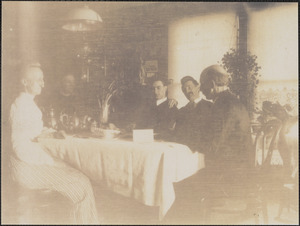 Interior of 6 Bellevue Avenue, South Yarmouth, Mass, showing Seth and Harriet Kelley with their children