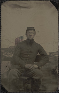 Tintype of unidentified Union Civil War soldier with hand colored American flag