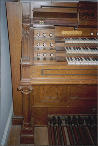 Detail of left side of Crowell-Creltholme organ keyboard, in George Austin's Middleboro home