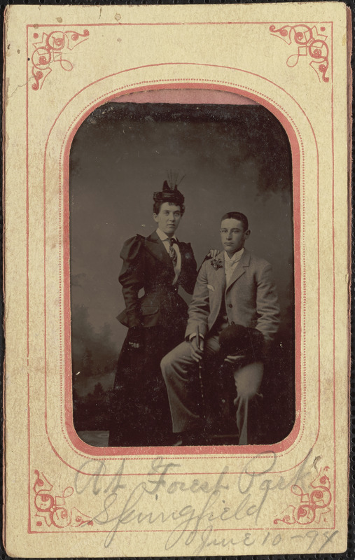 Unidentified couple in Victorian dress at Forest Park, Springfield, Mass.