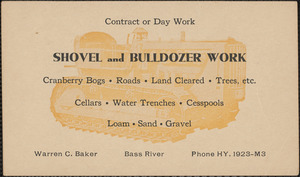 Advertising postcard for Warren C. Baker, Bass River, shovel and building work
