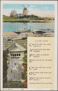 Poem, "Cape Cod" with images of a doorway and water with boats and windmill