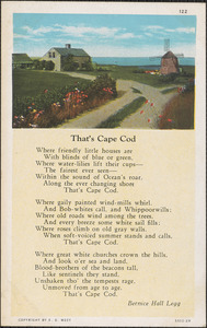 Poem, "That's Cape Cod" by Bernice Hall Legg, with image of house and windmill