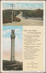 Poem, "Over the road to Provincetown" by Nancy W. Paine-Smith, with image of road and pilgrim monument