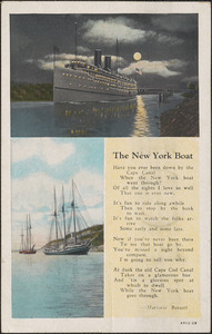 Poem, "The New York boat" by Marjorie Bassett with images of steamship in Cape Cod canal and of sailing ships