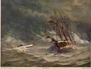 "The Rescue," a painting by Marshall Johnson of the rescue of schooner "Charlotte T. Sibley" by "Ildico" on 7 Oct 1907, Ildico owned by Charles Henry Davis