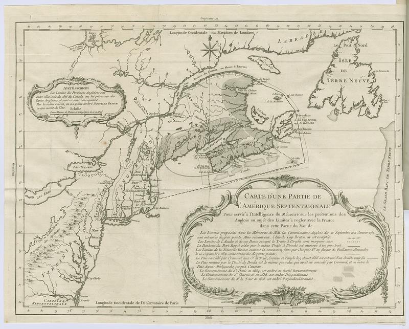 Carte d'une partie de l'Amerique Septentrionale pour servir a i'intelligence du memoire sur les pretentions des anglois au sujet des limites a regler avec la France dans cette partie du monde