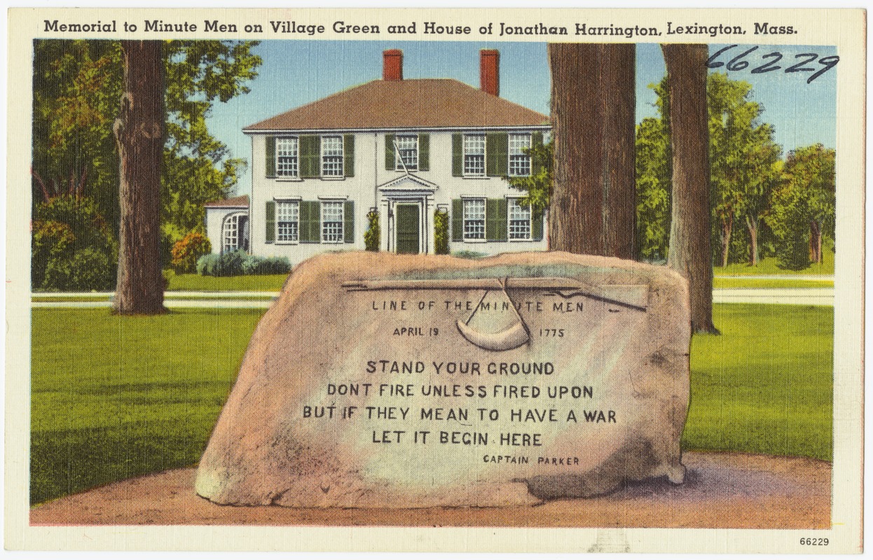 Memorial to Minute Men on Village Green and House of Jonathan Harrington, Lexington, Mass.