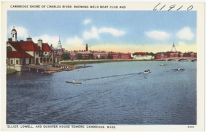 Cambridge Shore of Charles River, showing Weld Boat Club and Elliot, Lowell, and Dunster House Towers, Cambridge, Mass.