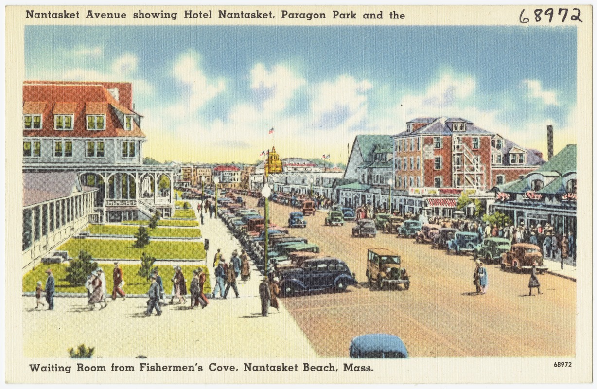 Nantasket Avenue showing Hotel Nantasket, Paragon Park and the waiting room from Fishermen's Cove, Nantasket Beach, Mass.