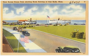 View across Ocean Park, showing boats arriving at Oak Bluffs, Mass.