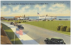 View across Ocean Park, showing boats arriving at Oak Bluffs, Mass.