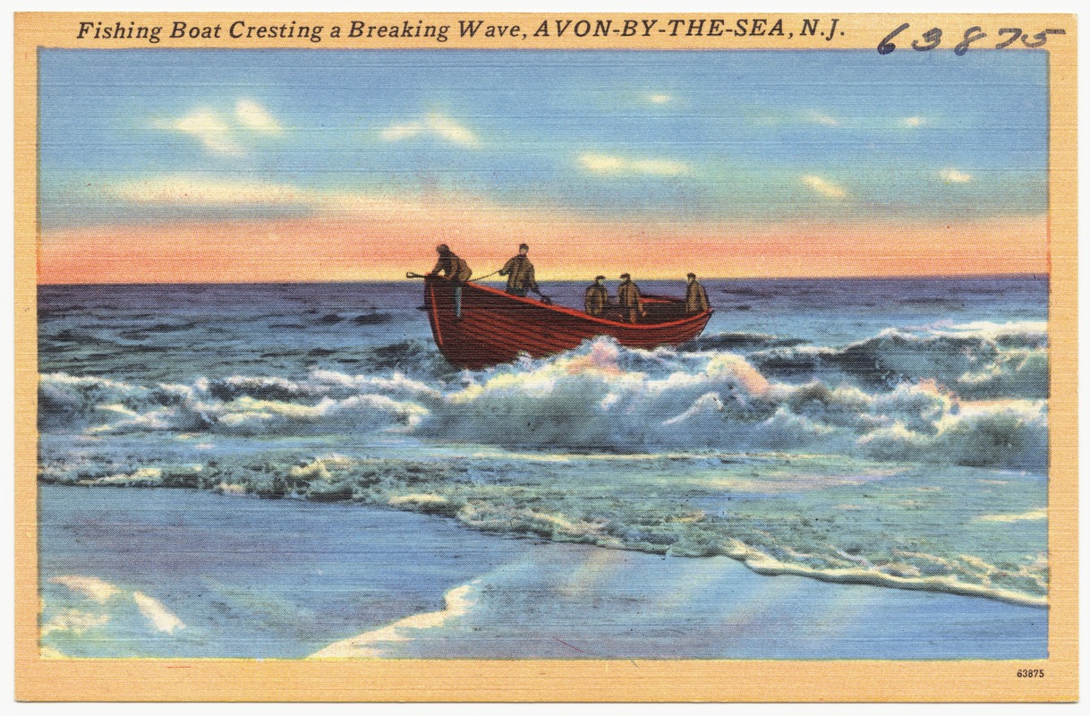 Fishing boat cresting a breaking wave, Avon-by-the-Sea, N.J.