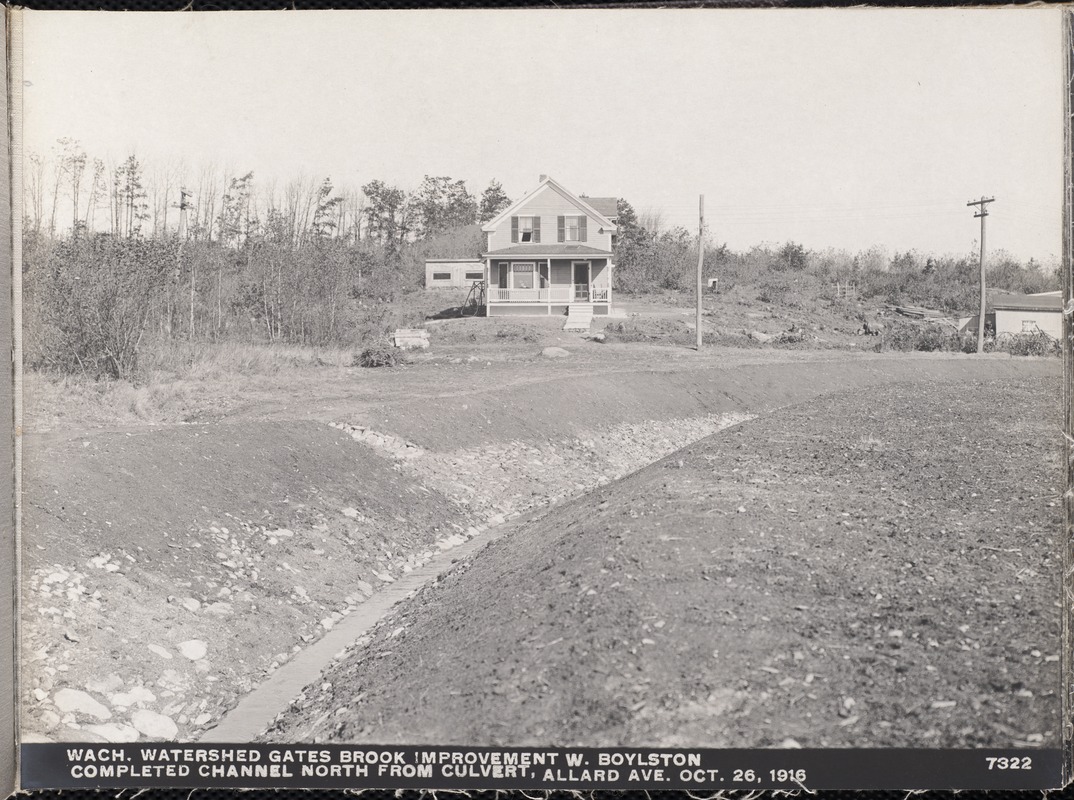Wachusett Department, Wachusett Watershed, Gates Brook Improvement, completed channel north from culvert, Allard Avenue, West Boylston, Mass., Oct. 26, 1916