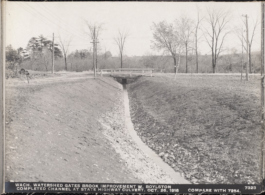Wachusett Department, Wachusett Watershed, Gates Brook Improvement, completed channel at State Highway culvert (compare with No. 7254), West Boylston, Mass., Oct. 26, 1916