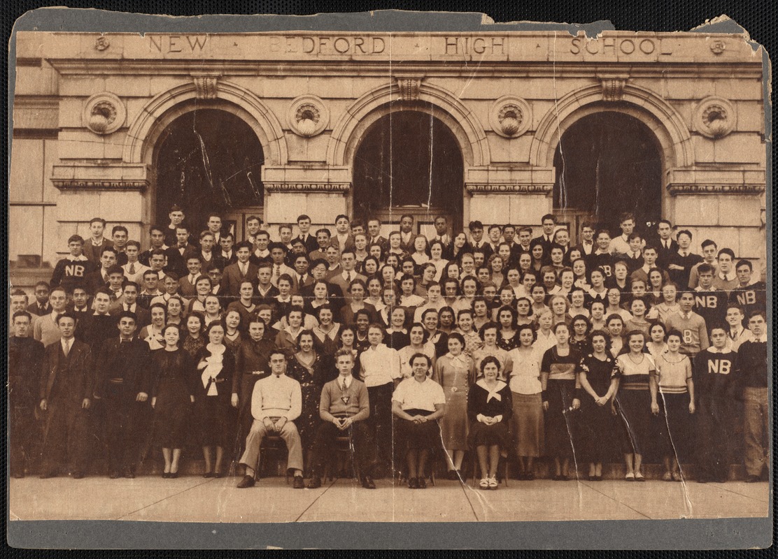 New Bedford High School Class of 1933 standing on steps outside their