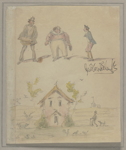 Untitled sketch with three figures (street vendor, fat boy and young man) at top and country cottage below