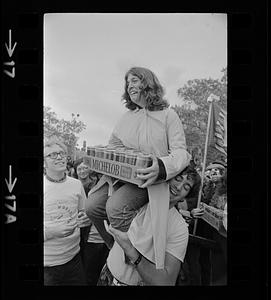 Harvard raft race winners with beer prize, Cambridge