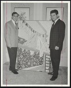Gift Mosaic -- Danny Thomas accepts mosaic entitled Oriental Weavers on behalf of St. Jude Hospital from Ernest Abdelnour of Hyde Park who was recently commissioned by the royal family of Saudia Arabia for his work with the colorful tiles.