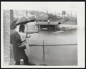 Cars Just Won't Float -- A young lady points to a flooded car dealer's lot where only the roof tops of half a dozen cars are barely awash. The cars were brand new. Nearly three inches of rain fell in the area in 24 hours -- and more of the same is forecast for the next 24 hours.